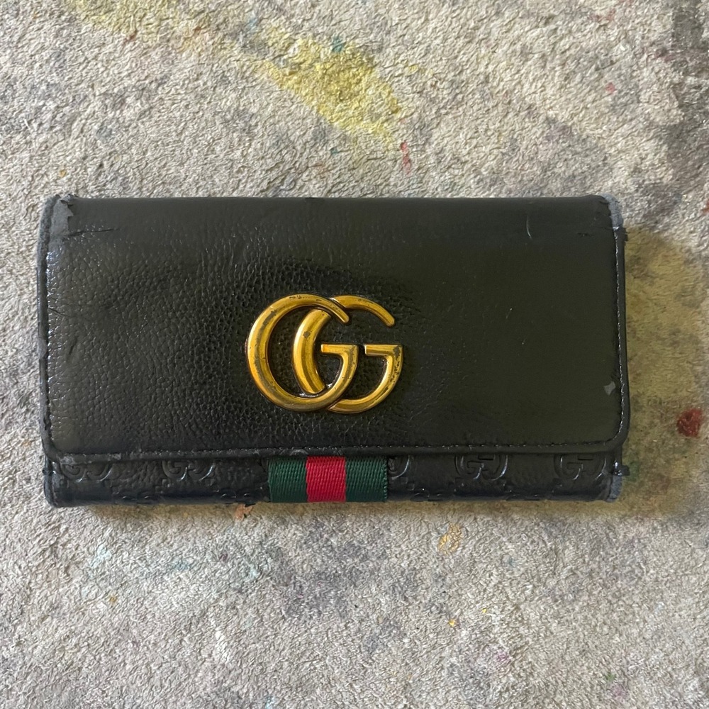 Gucci Marmont Web Stripe Black Leather Continental Wallet Gold GG Logo Trifold